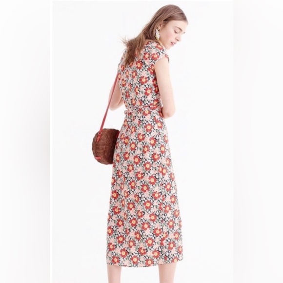 New J.CREW Floral Wrap Midi Dress Cap Sleeve Colorful Blue Orange Pink Green - Picture 7 of 13